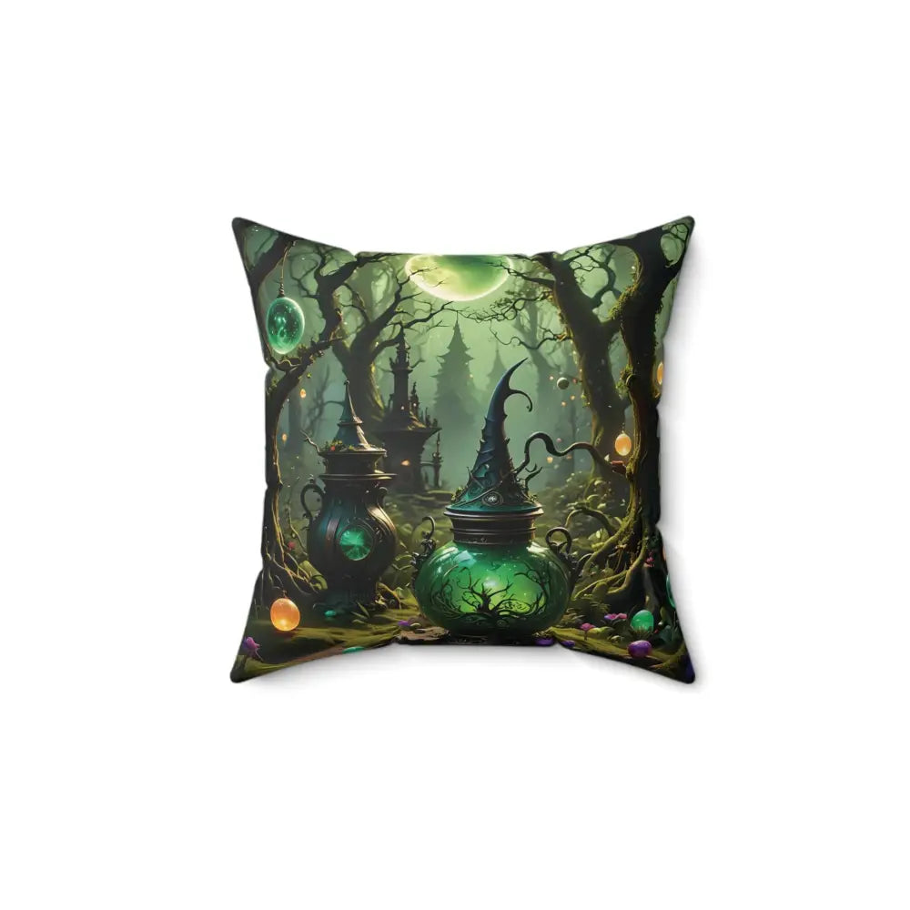Square decorative pillow featuring a Witchcraft Forest scene for PixiOnyx Enchanted Brew Cushion
