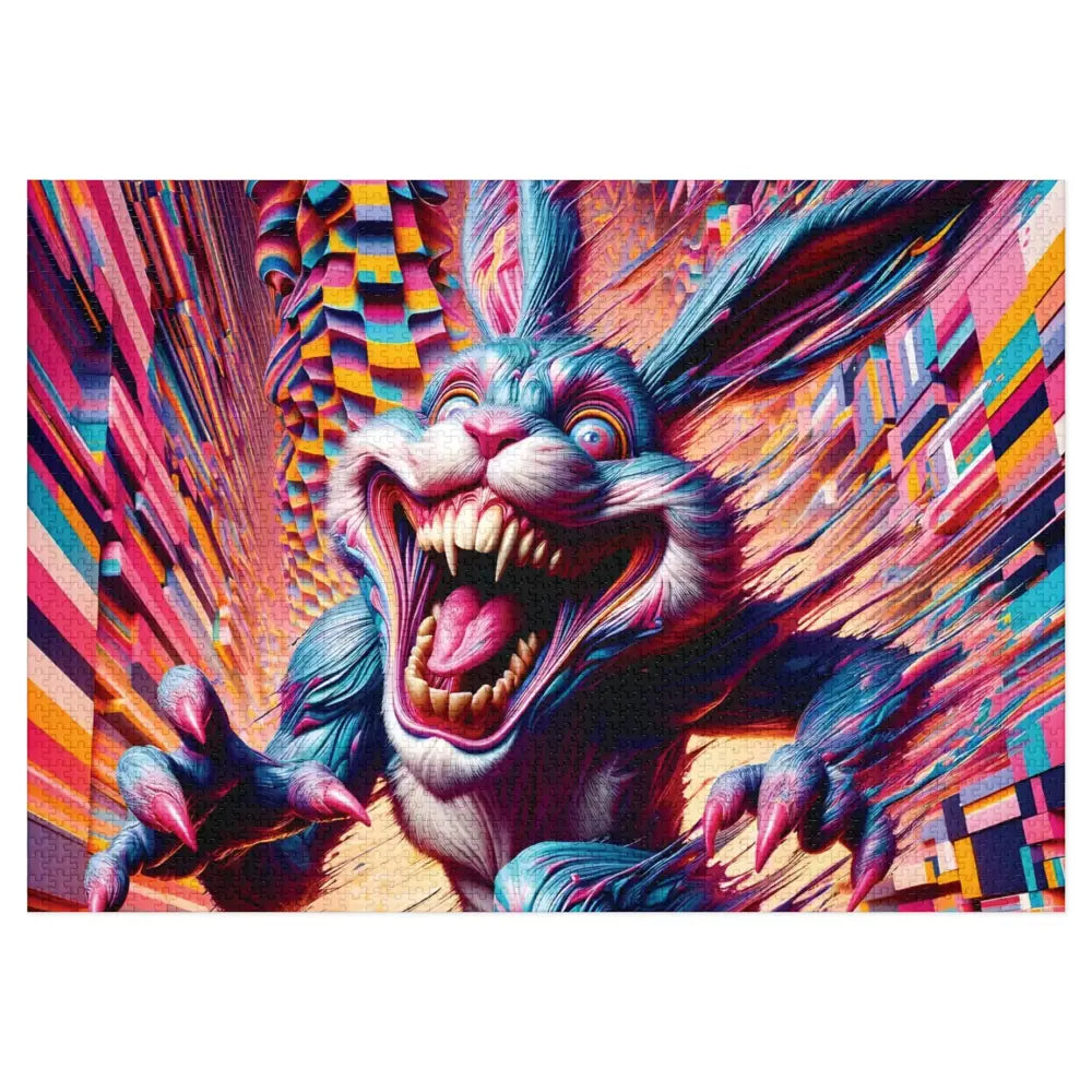 Colorful nightmarish rabbit with sharp teeth from Pixel Panic Premium Jigsaw Puzzle PixiOnyx edition