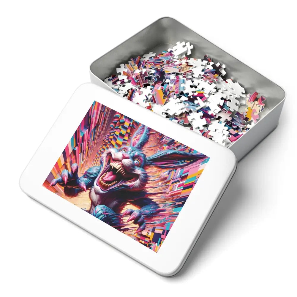Colorful rabbit puzzle in a tin from Pixel Panic Premium Jigsaw Puzzle Psycho Cottontail Quartet PixiOnyx Edition