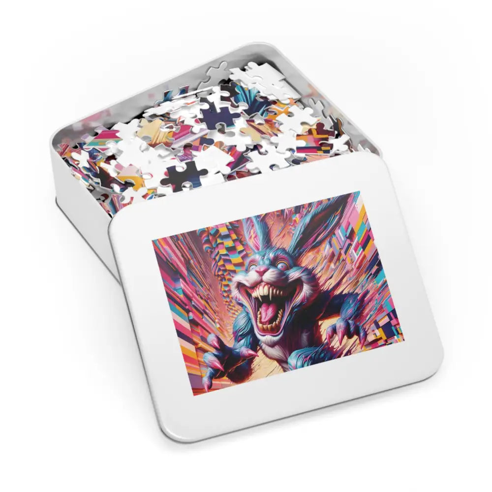 Puzzle in a tin featuring a menacing rabbit from Pixel Panic Premium Jigsaw Puzzle collection