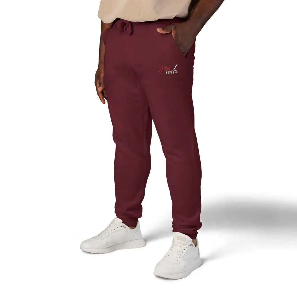 Men’s maroon PixiOnyx Cozy Unisex fleece sweatpants with white logo on left thigh