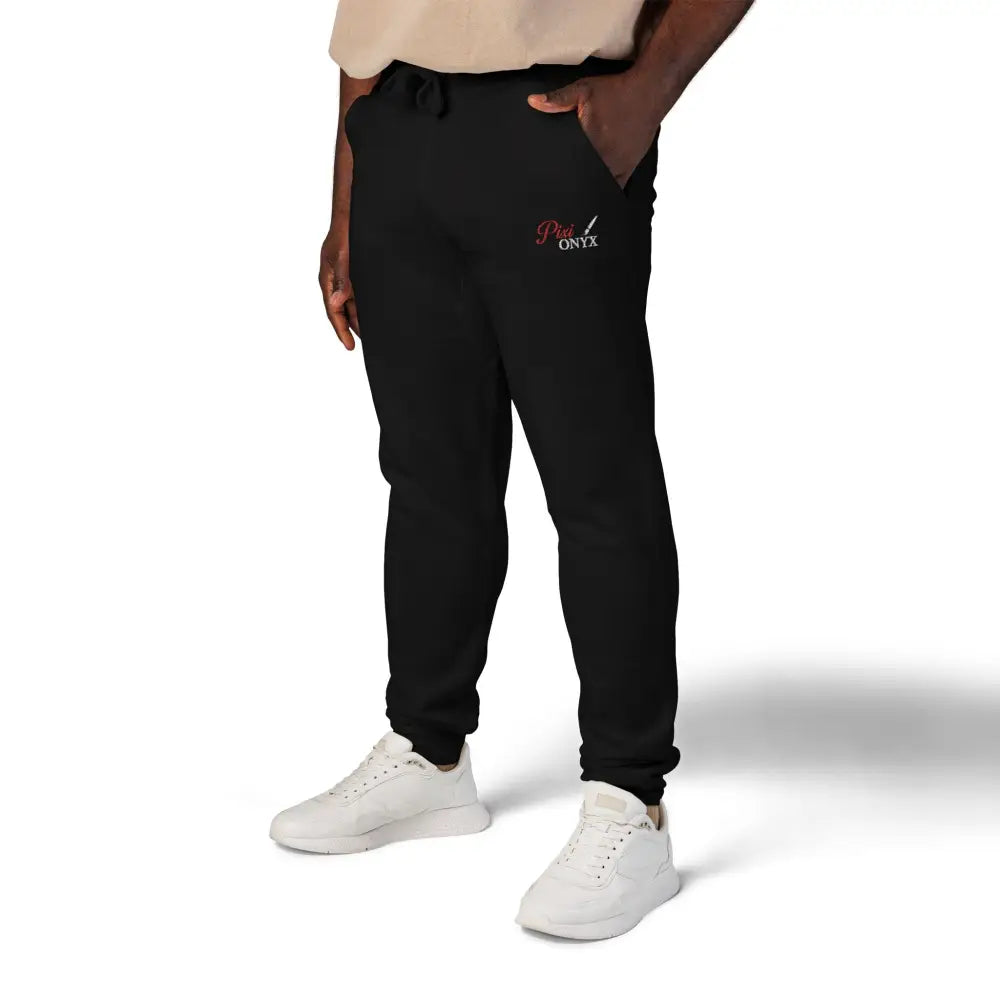 Black PixiOnyx Cozy Unisex fleece sweatpants with red and white embroidered logo