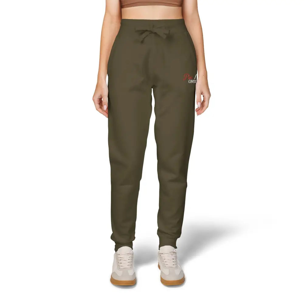 Women’s olive green cozy unisex fleece sweatpants with drawstring waist and elastic cuffs