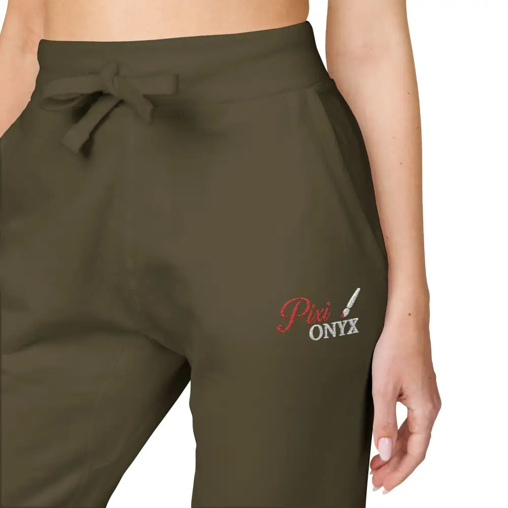 Dark olive green PixiOnyx cozy unisex fleece sweatpants with embroidered design