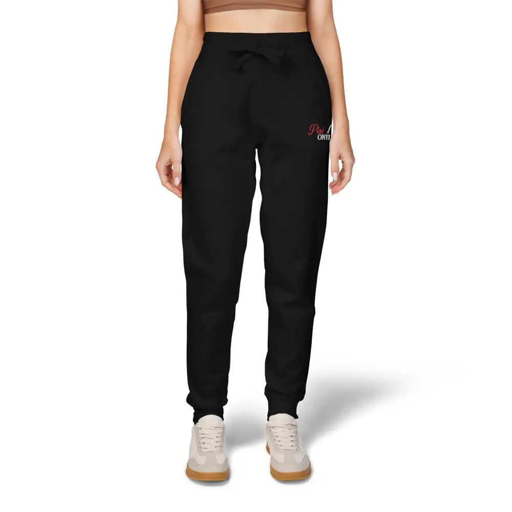 Black PixiOnyx Cozy Unisex fleece sweatpants with pink logo on left thigh, casual loungewear