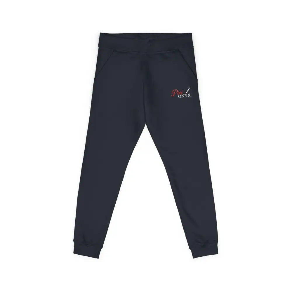 Dark blue cozy unisex fleece sweatpants with red and white embroidered logo for relaxation