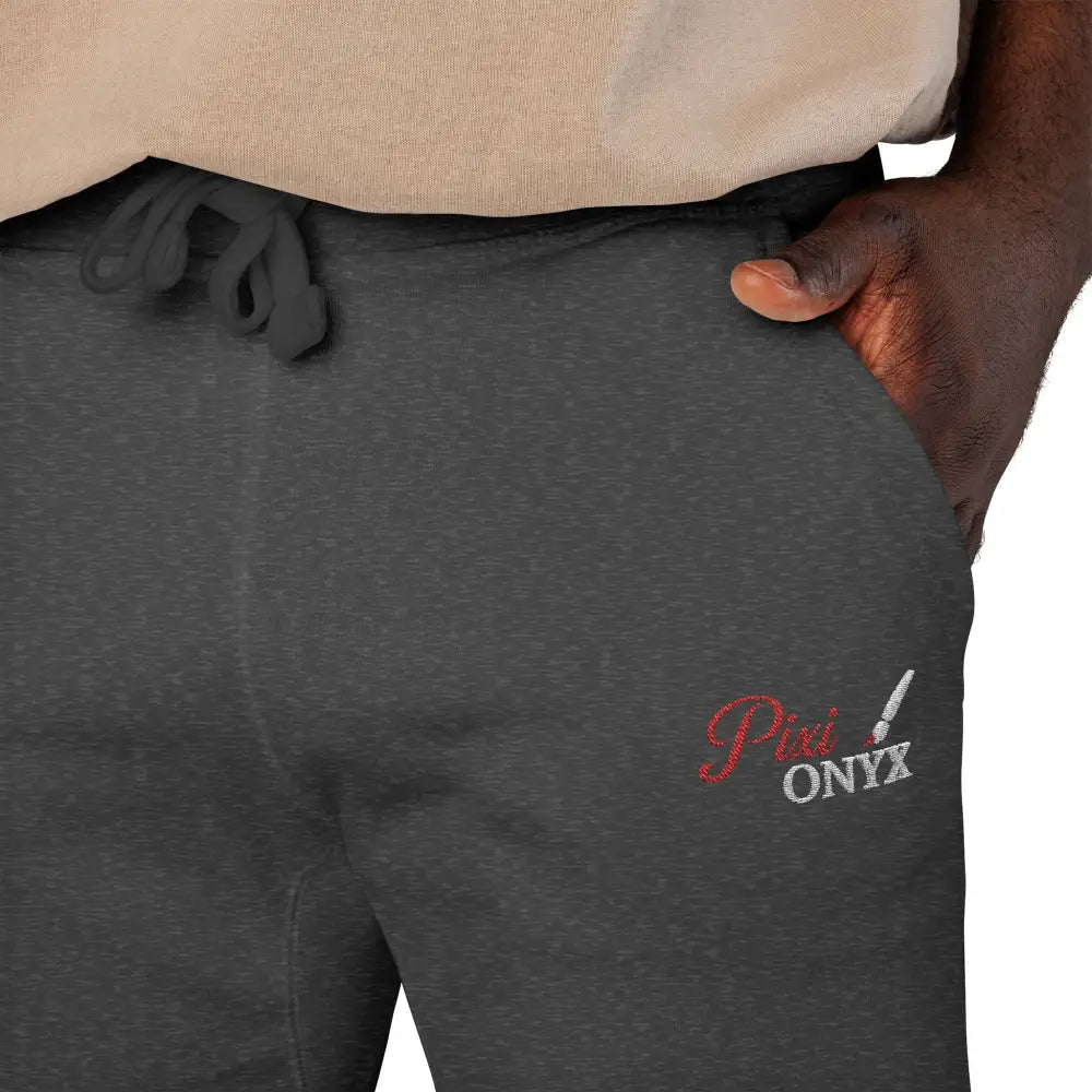 Dark gray PixiOnyx Cozy Unisex fleece sweatpants with red and white embroidered logo