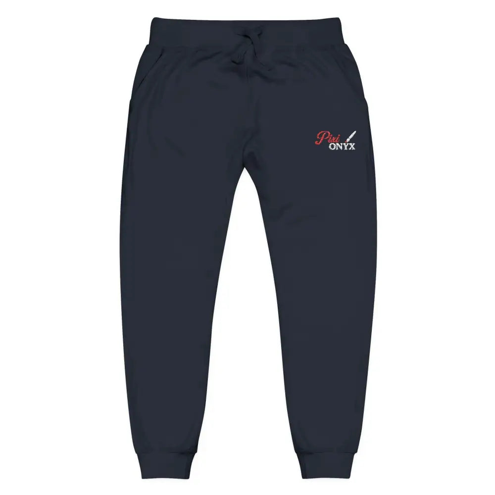 Navy blue PixiOnyx cozy unisex fleece sweatpants with drawstring waist and elastic cuffs