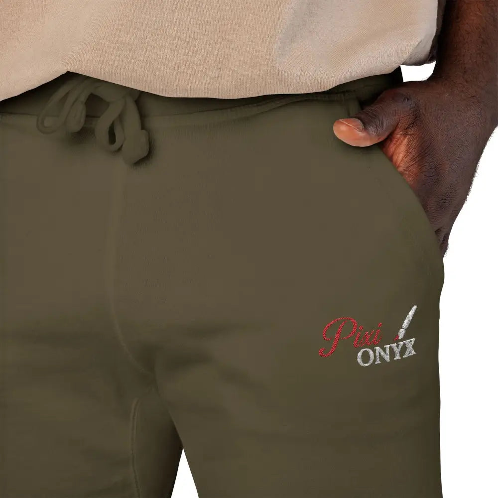 Olive green cozy unisex fleece sweatpants with logo and drawstring for relaxation and travel
