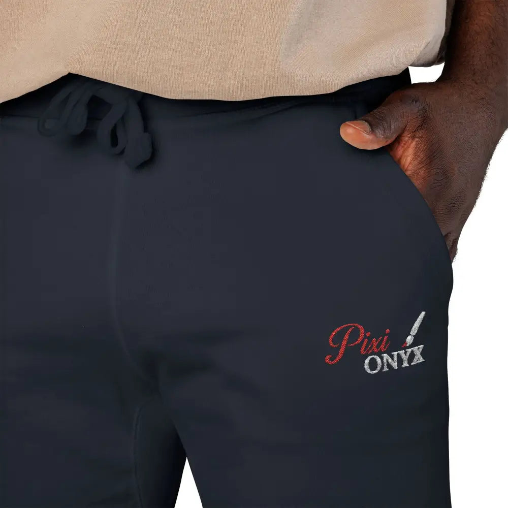 Dark gray cozy unisex fleece sweatpants with red and white embroidered logo for relaxed wear