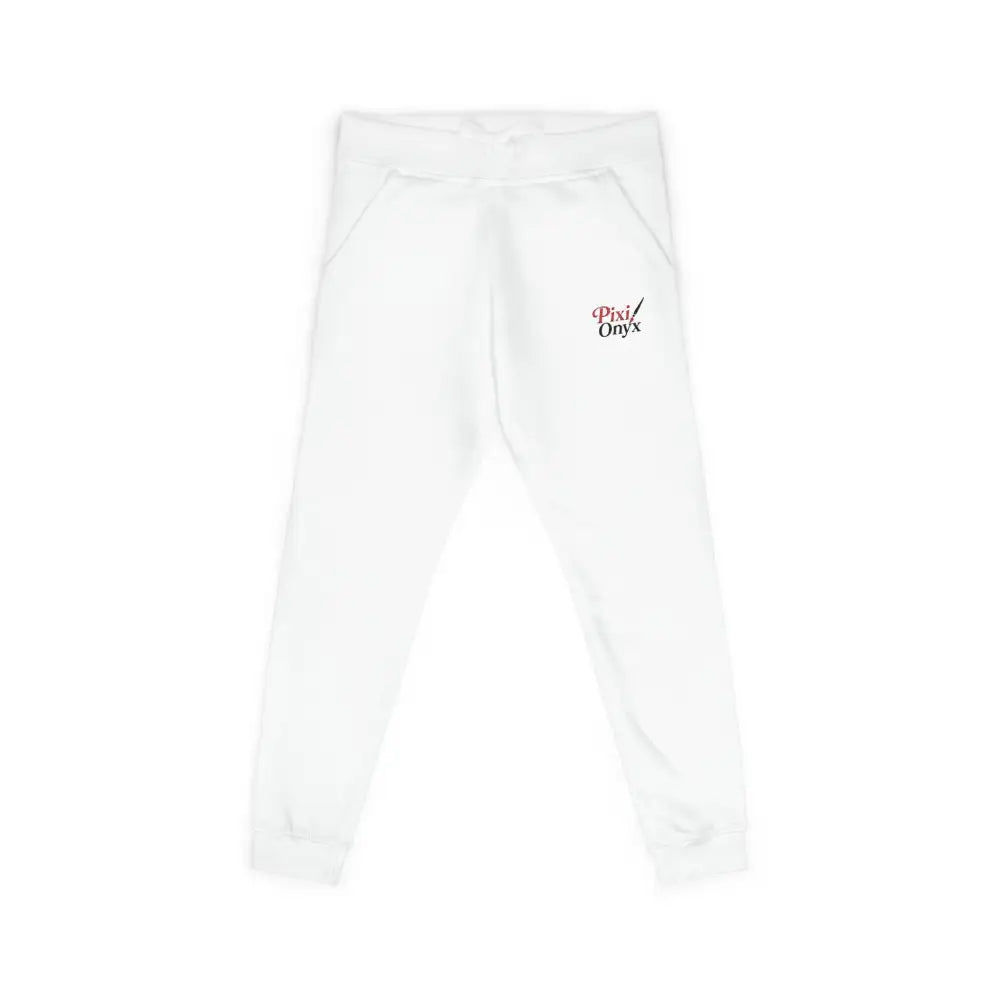 White unisex fleece sweatpants with pink logo, cozy lounge wear, low heat comfort