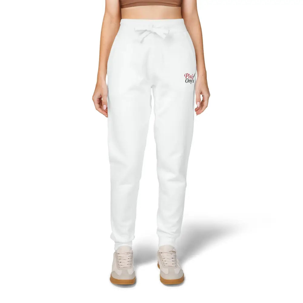 White joggers with drawstring waist from PixiOnyx unisex fleece sweatpants for cozy casual wear