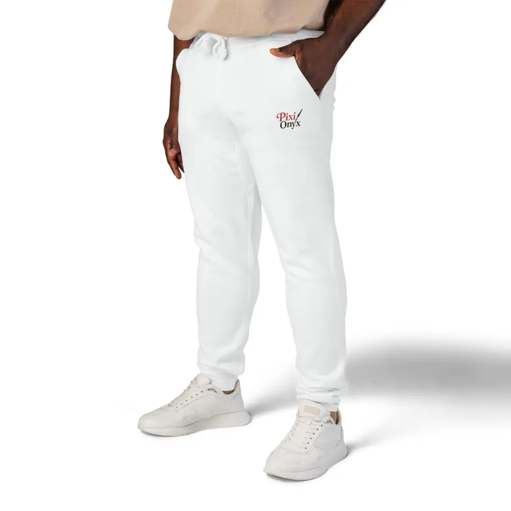 White unisex fleece sweatpants with drawstring waist for cozy casual wear and relaxation