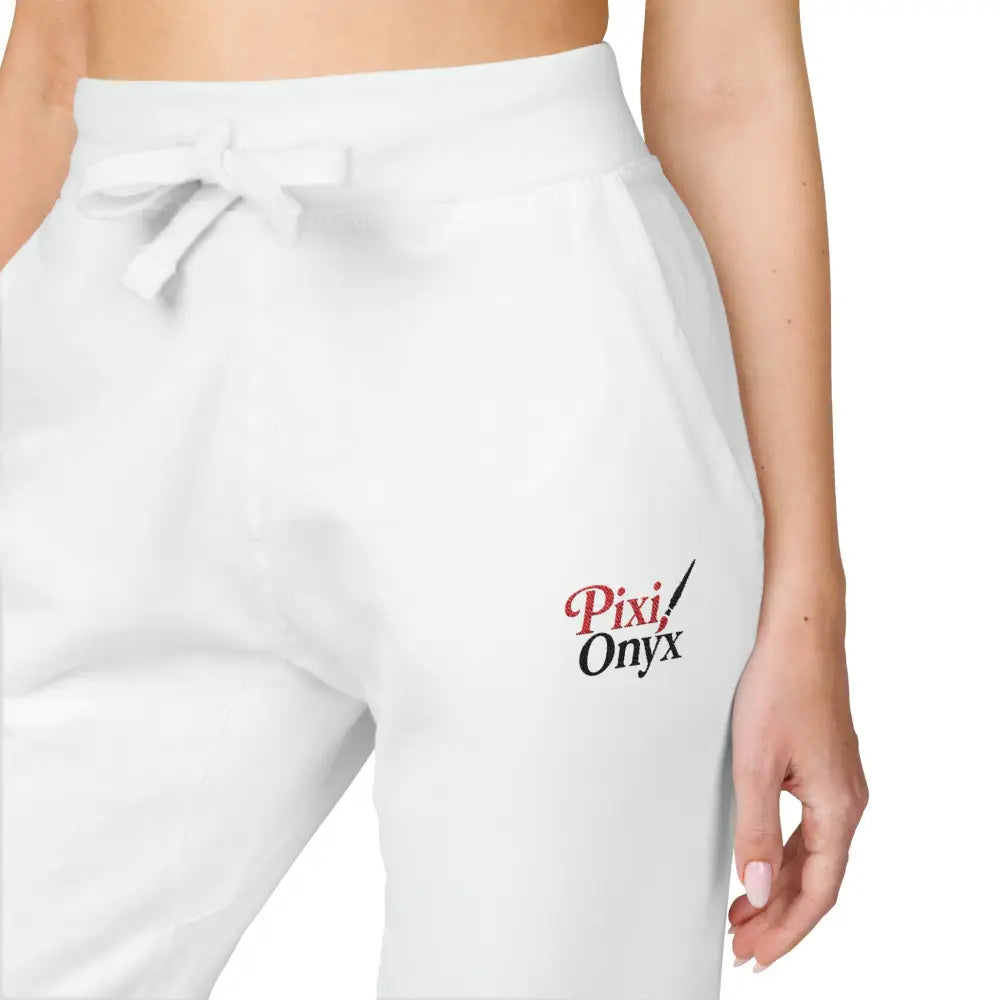 White unisex fleece sweatpants with drawstring waist and side pockets for cozy relaxation