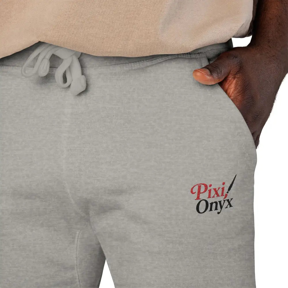 Light grey unisex fleece sweatpants with Pixi Onyx embroidery, cozy lounge wear
