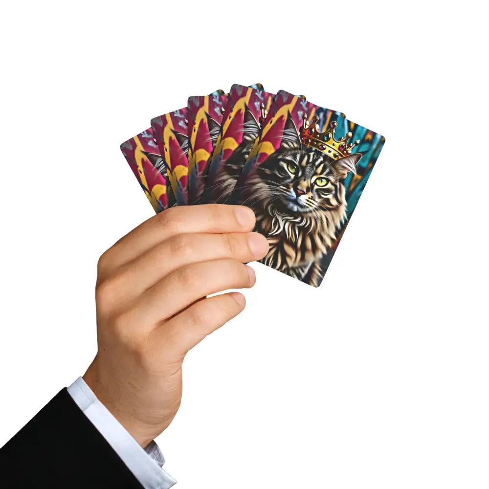 Hand holding cat-themed playing cards from Crown Meowjesty PixiOnyx Urban Royal Deck