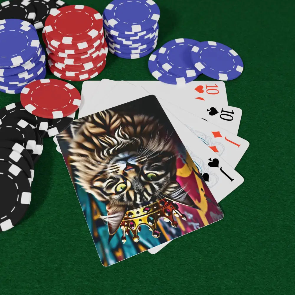 Poker hand featuring a cat-themed card from PixiOnyx Crown Meowjesty Deck