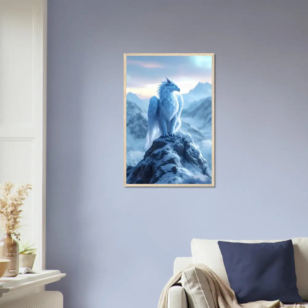 Framed fantasy art print of Frostpeak Gryphon on premium matte poster showcasing PixiOnyx Fantasy Elegance