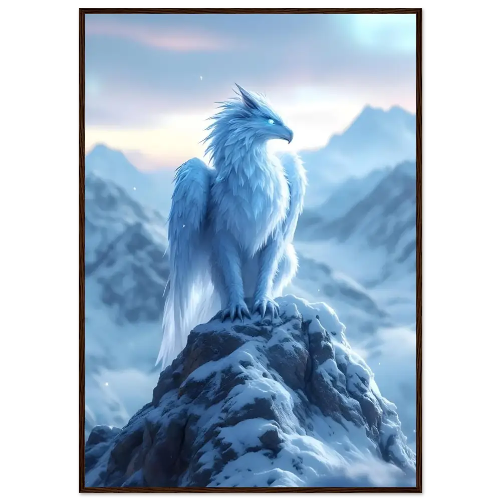 Icy white griffin displayed on the Premium Matte Framed Poster Frostpeak Gryphon by PixiOnyx