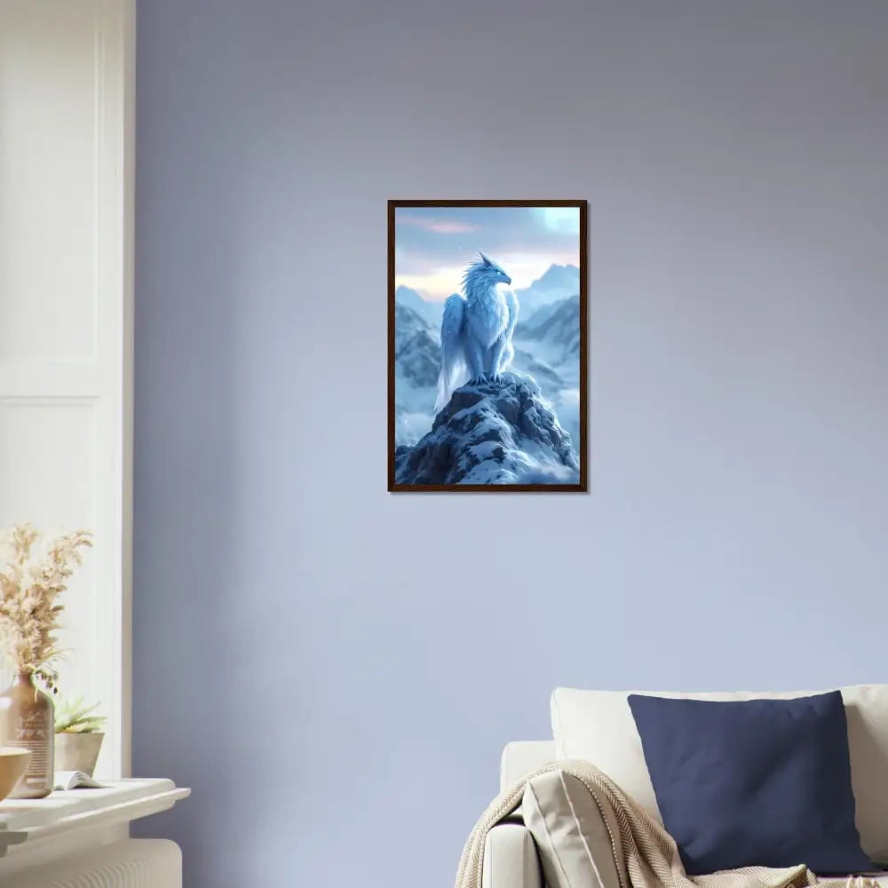 Framed fantasy creature artwork featuring a Frostpeak Gryphon on PixiOnyx Poster