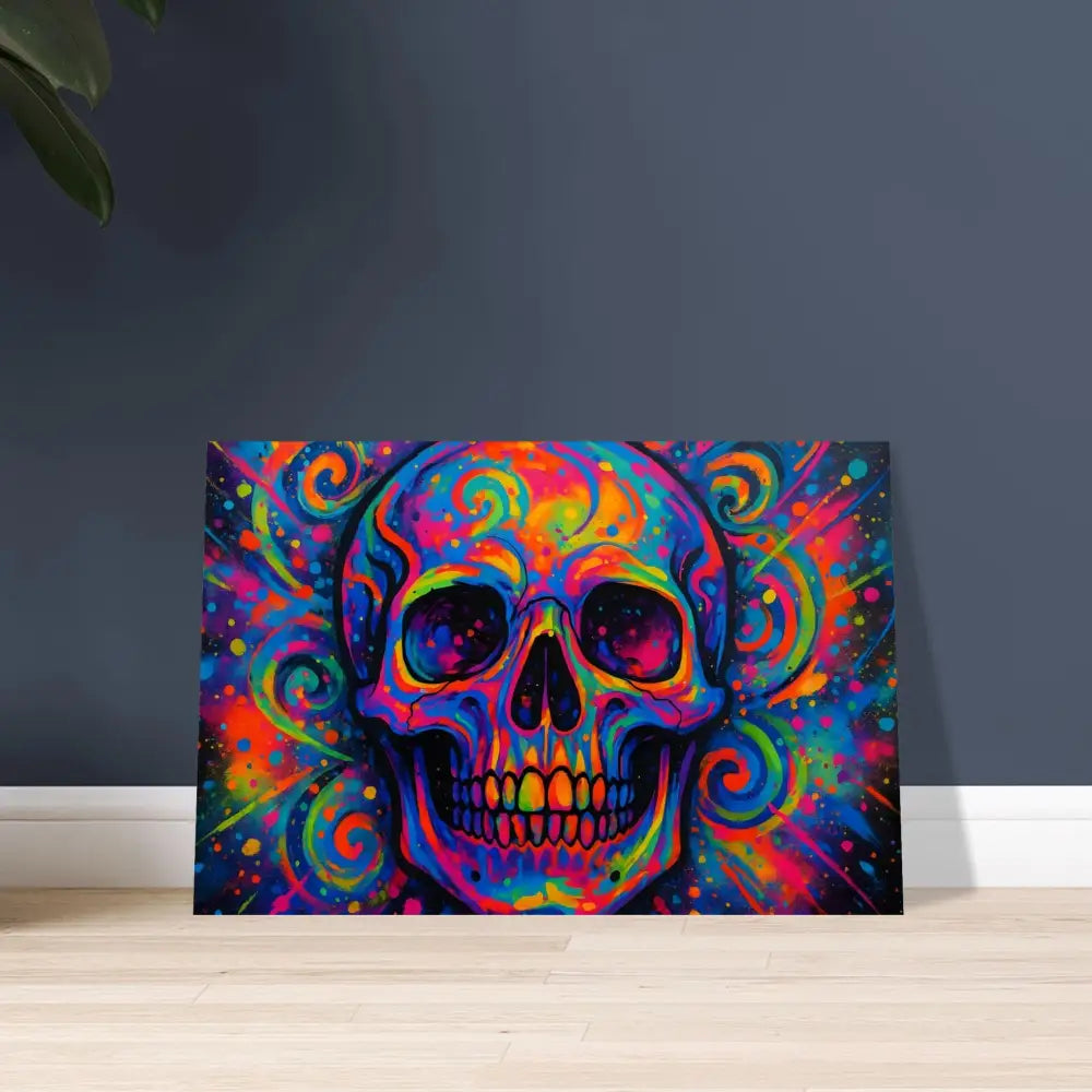 Colorful skull artwork displayed on the Premium Matte Framed Poster Psychedelic Skull Eruption PixiOnyx Electric Elegance