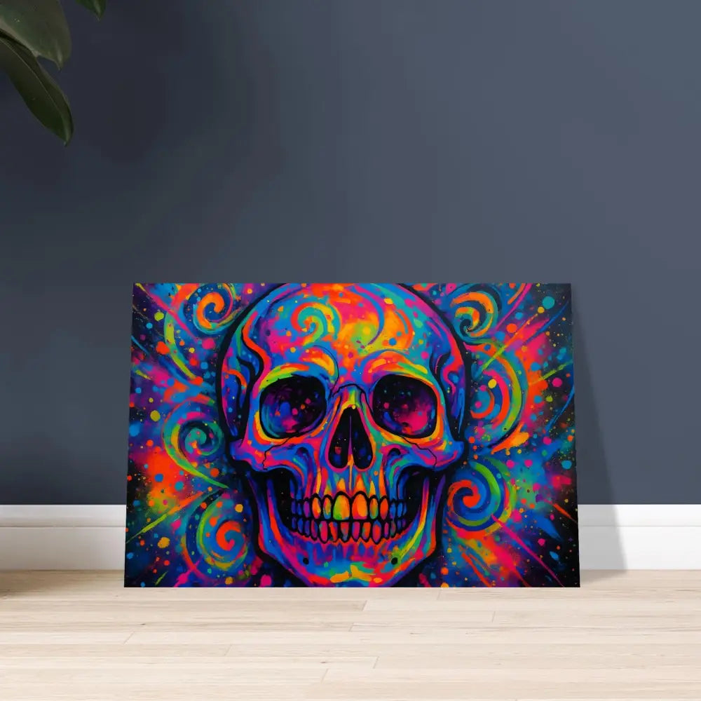 Colorful skull art displayed on Premium Matte Framed Poster Psychedelic Skull Eruption