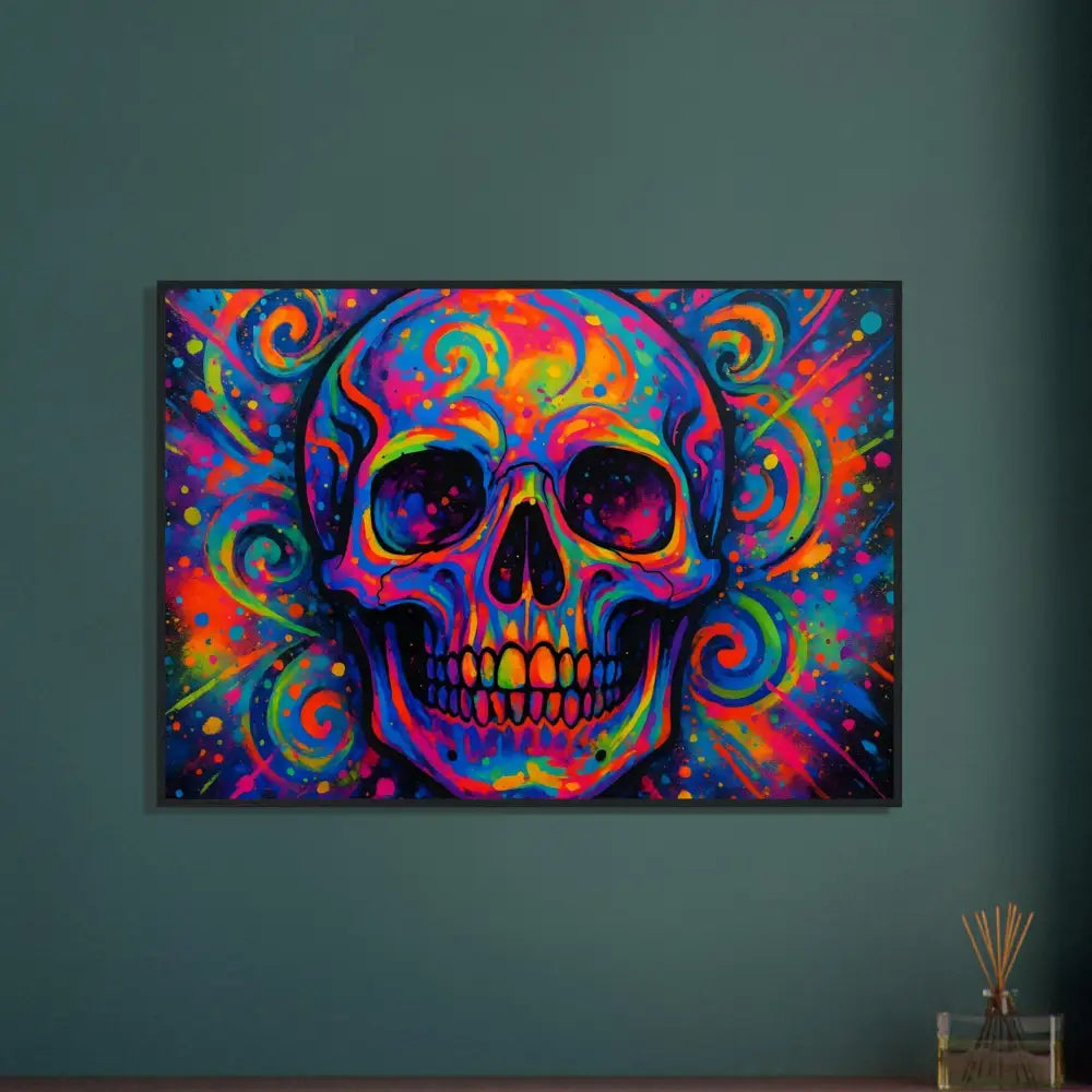 Colorful skull artwork framed poster displayed in Premium Matte Psychedelic Skull Eruption PixiOnyx Electric Elegance