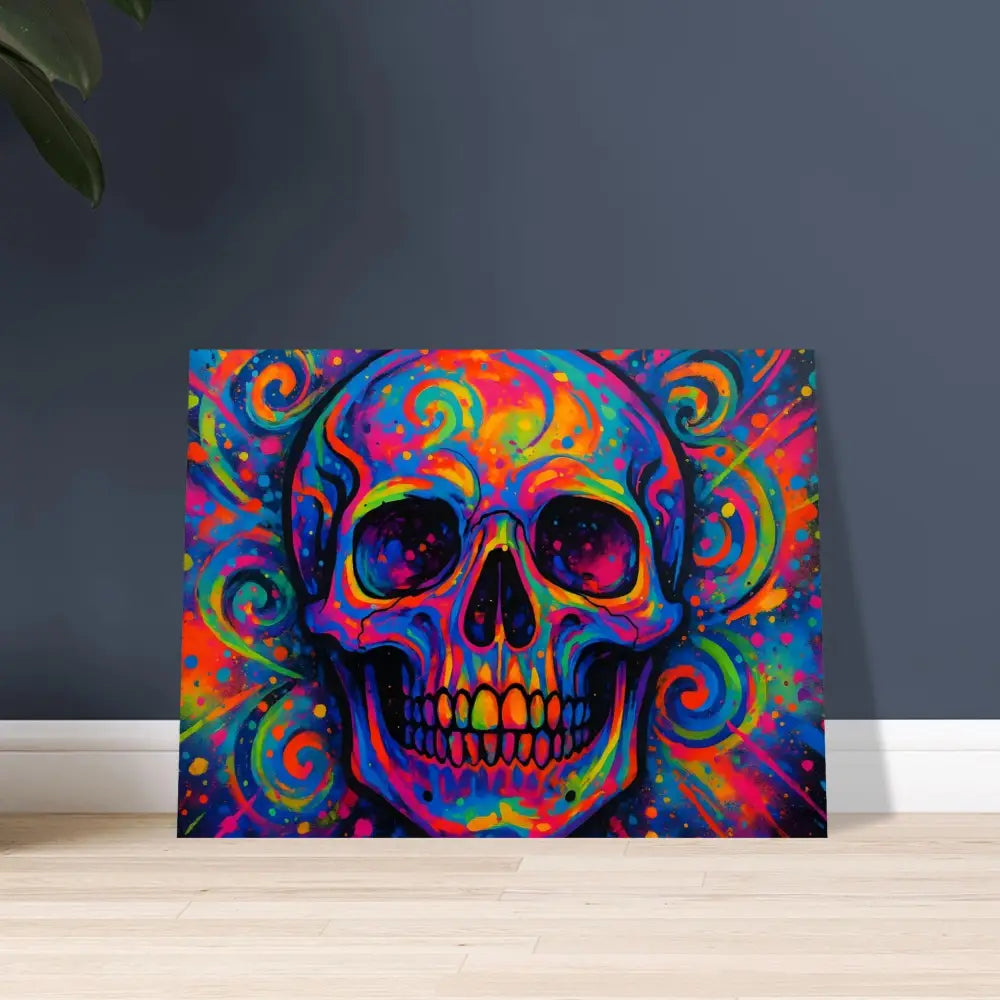 Colorful skull art displayed on the Premium Matte Framed Poster Psychedelic Skull Eruption by PixiOnyx