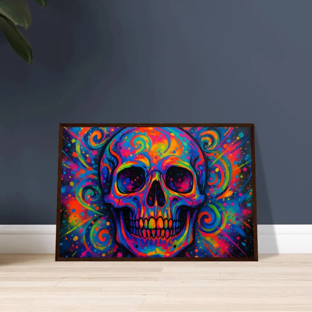 Colorful psychedelic skull artwork displayed on a Premium Matte Framed Poster by PixiOnyx