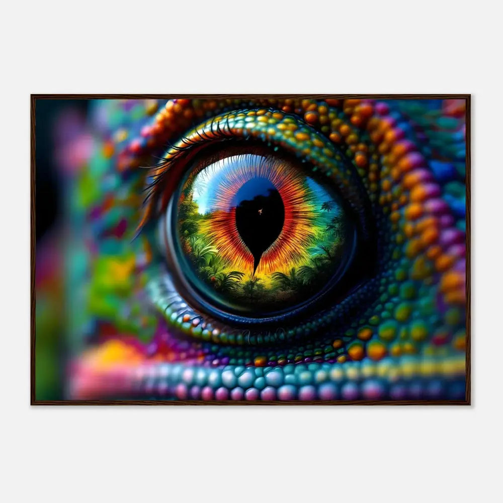 Close-up of a vibrant chameleon eye on a wooden framed poster titled Chameleons Prism