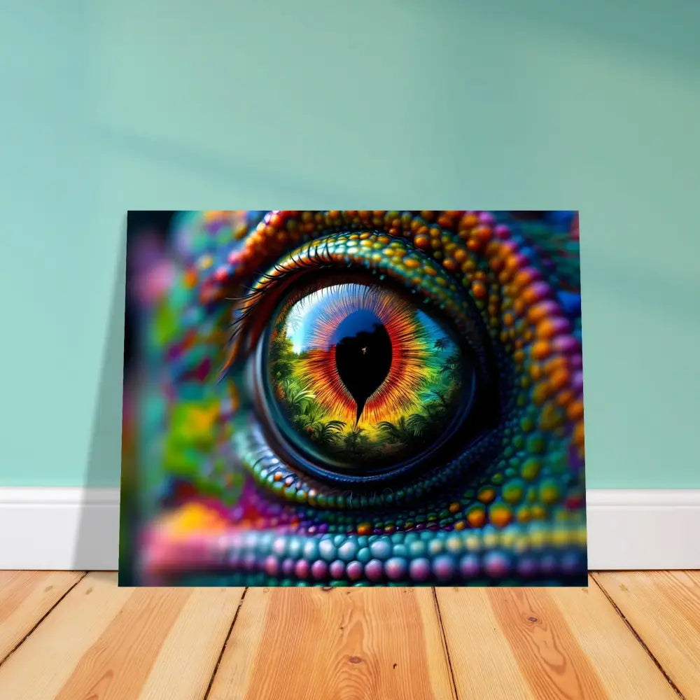 Colorful chameleon eye art framed on premium matte wooden poster titled Chameleons Prism