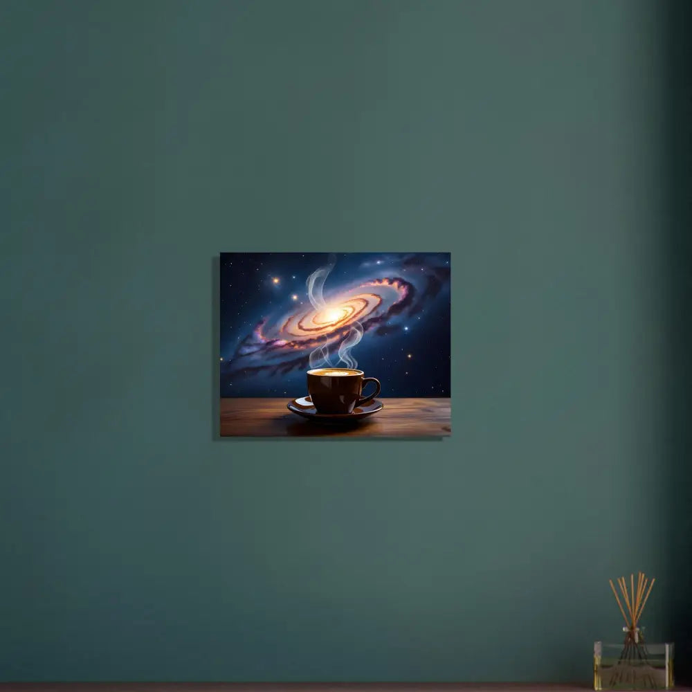 Coffee cup with galaxy steam on Premium Matte Paper Wooden Framed Poster Cosmic Brew