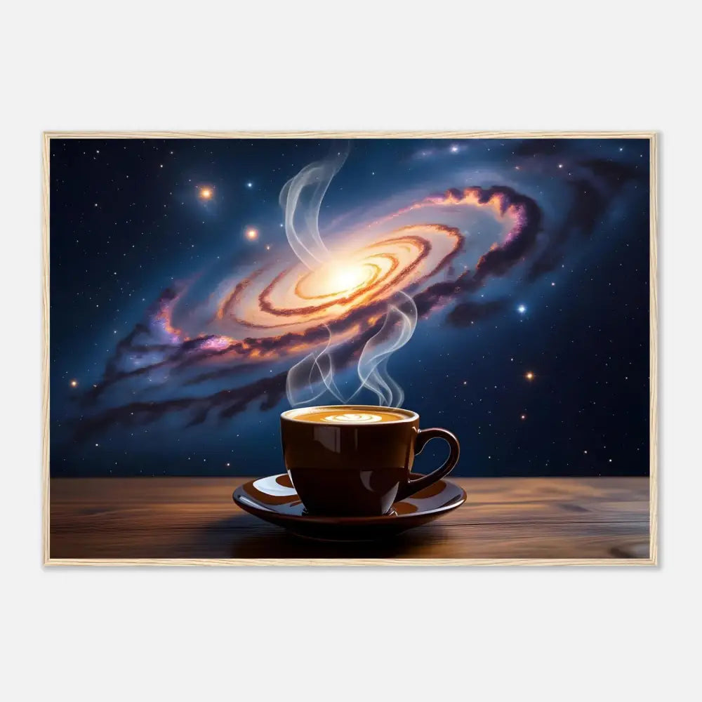 Steaming coffee cup on cosmic themed poster titled Cosmic Brew by PixiOnyx Celestial