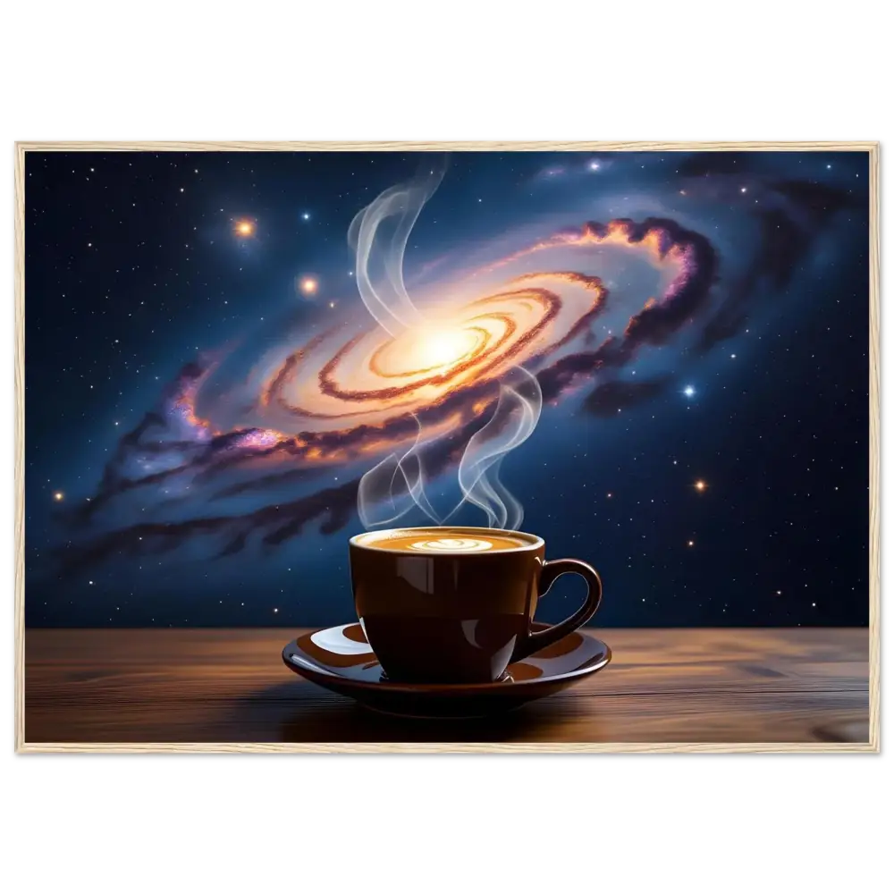 Steaming coffee cup on cosmic brew poster in PixiOnyx celestial display