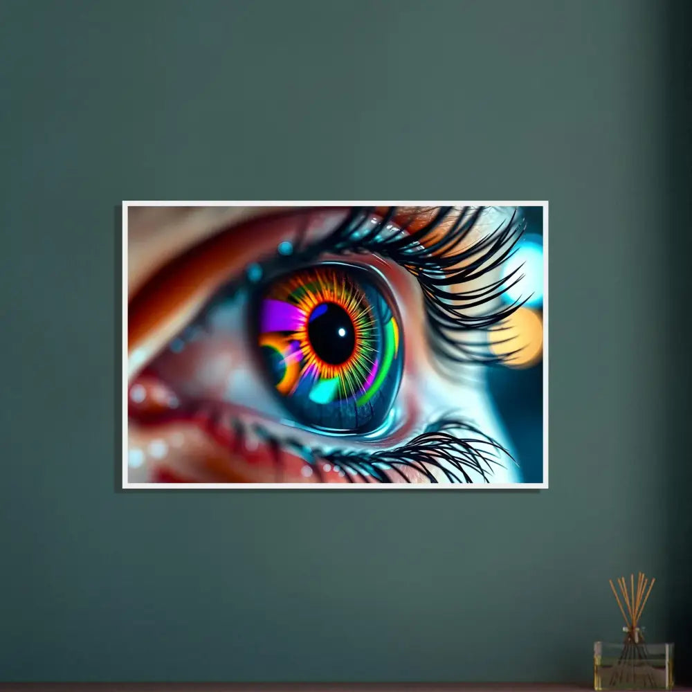 Framed rainbow eye art on cosmic iris poster displayed on premium matte wooden frame