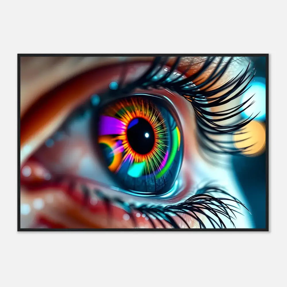 Vibrant rainbow-colored eye framed on Premium Matte Paper Wooden Poster Cosmic Iris PixiOnyx