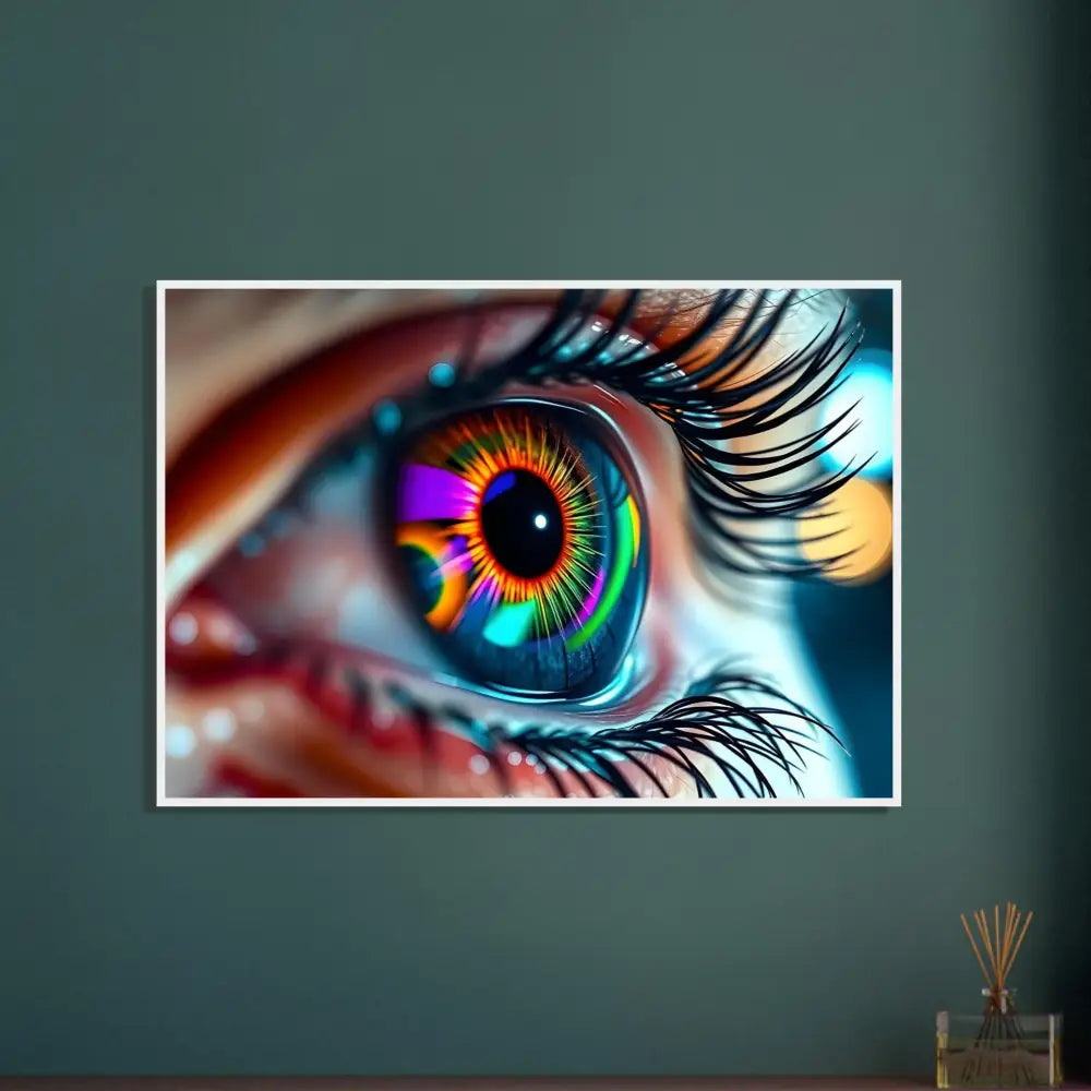 Framed vibrant eye art on premium matte wooden poster Cosmic Iris Porter of Vision PixiOnyx