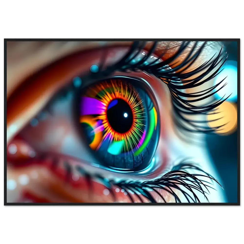 Colorful stylized human eye on Cosmic Iris poster in PixiOnyx Dreamscape display