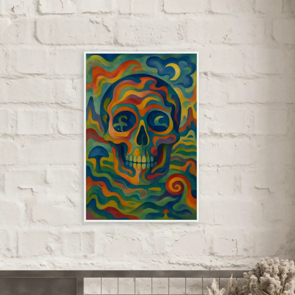 Colorful psychedelic skull art on the PixiOnyx Craniocolor framed poster