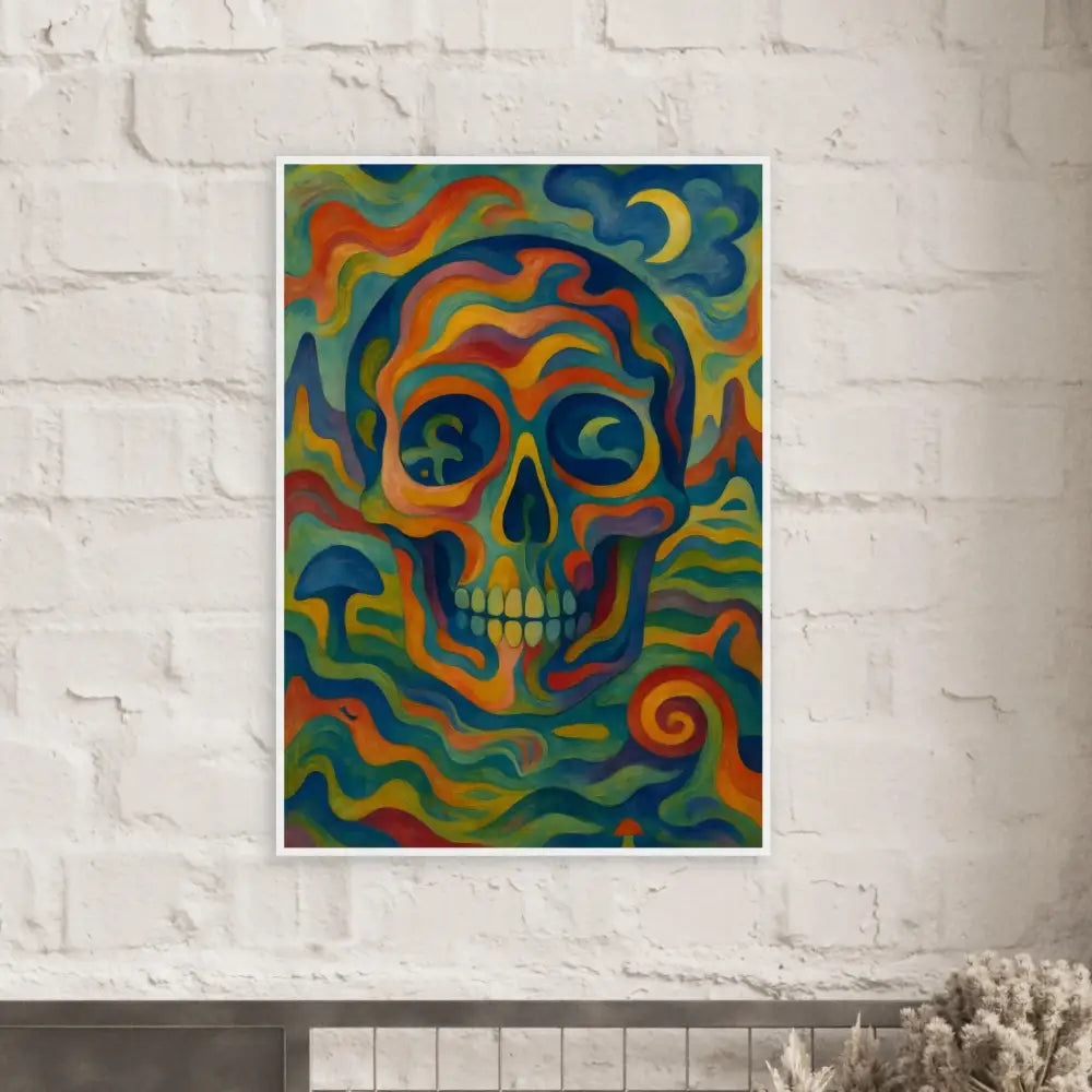 Colorful skull abstract psychedelic painting on Premium Matte Paper Wooden Framed Poster