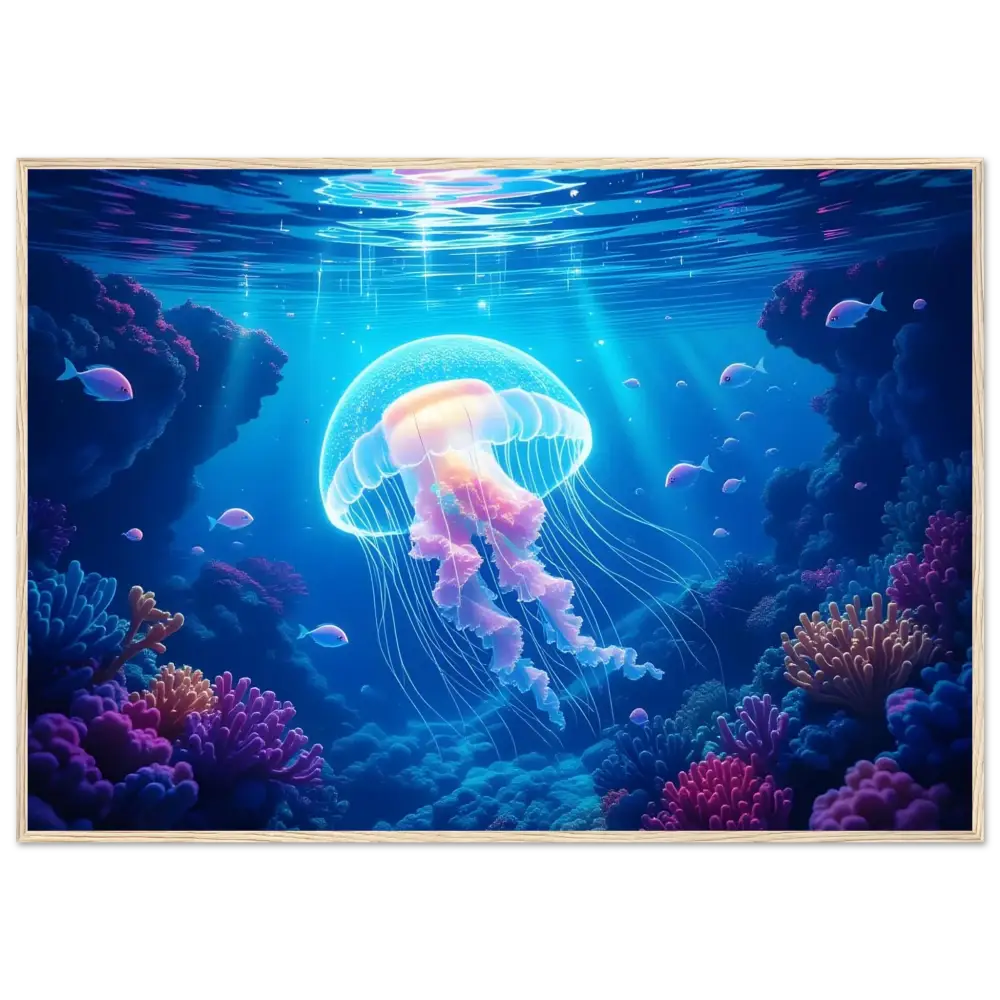 Glowing jellyfish in coral reef displayed on PixiOnyx Ocean Reverie poster