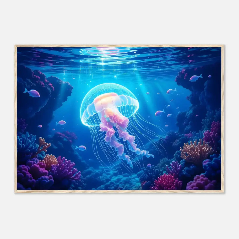 Framed underwater scene of a glowing jellyfish on PixiOnyx Ocean Reverie poster