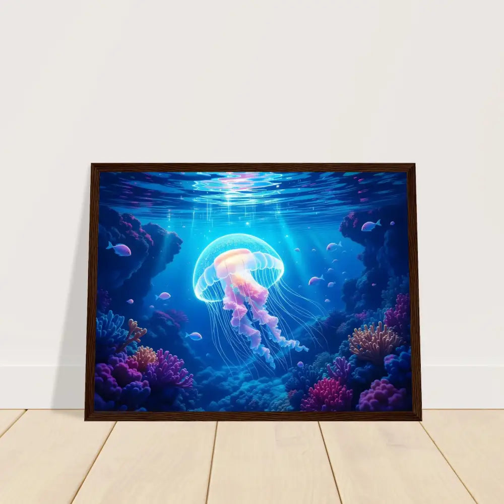 Framed underwater jellyfish art on premium matte paper in wooden frame titled Glowing Wanderer Cosmic Drift