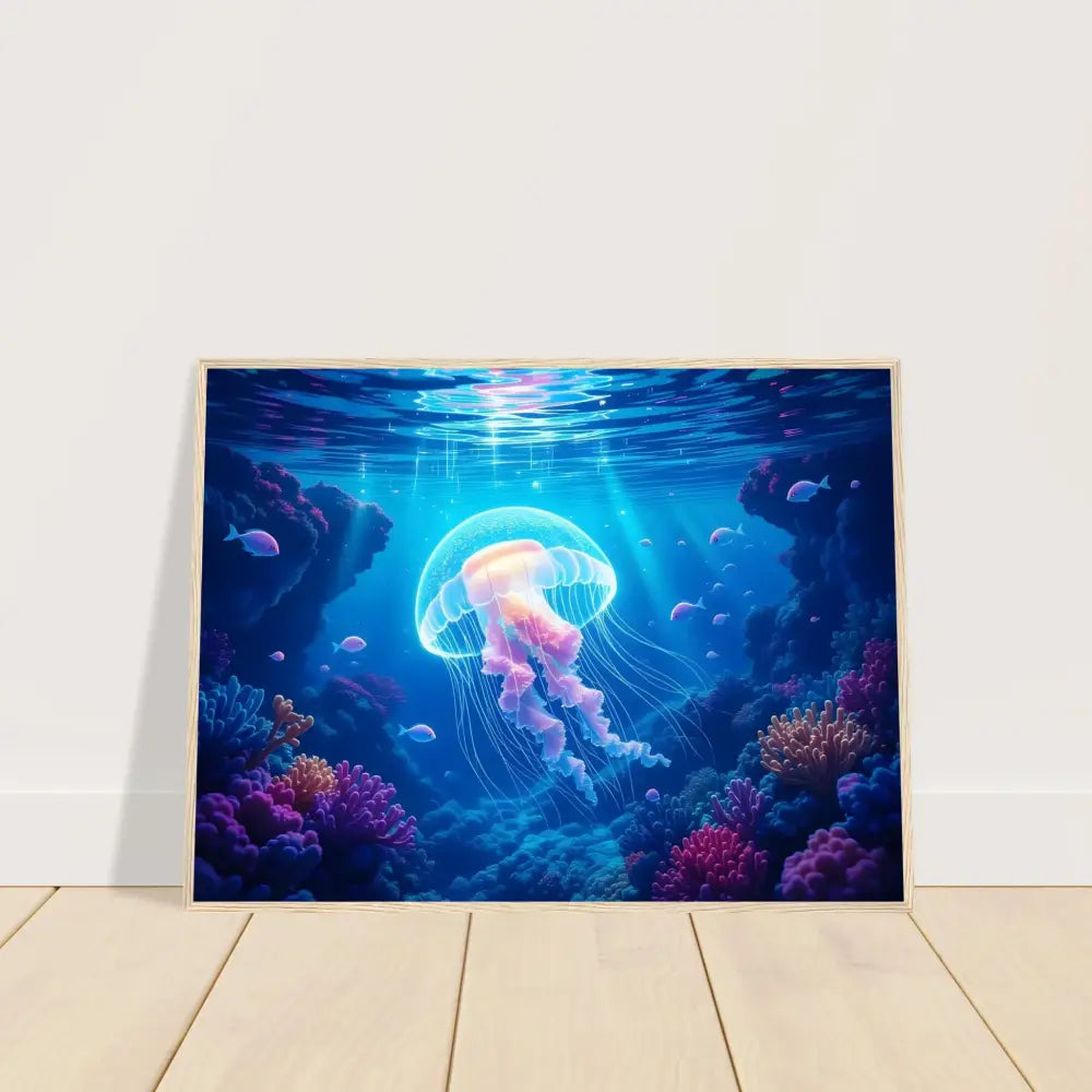 Framed jellyfish artwork on premium matte paper in wooden frame titled Glowing Wanderer Cosmic Drift