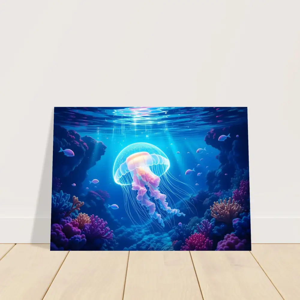 Underwater jellyfish art print on premium matte paper with wooden frame, cosmic ocean scene