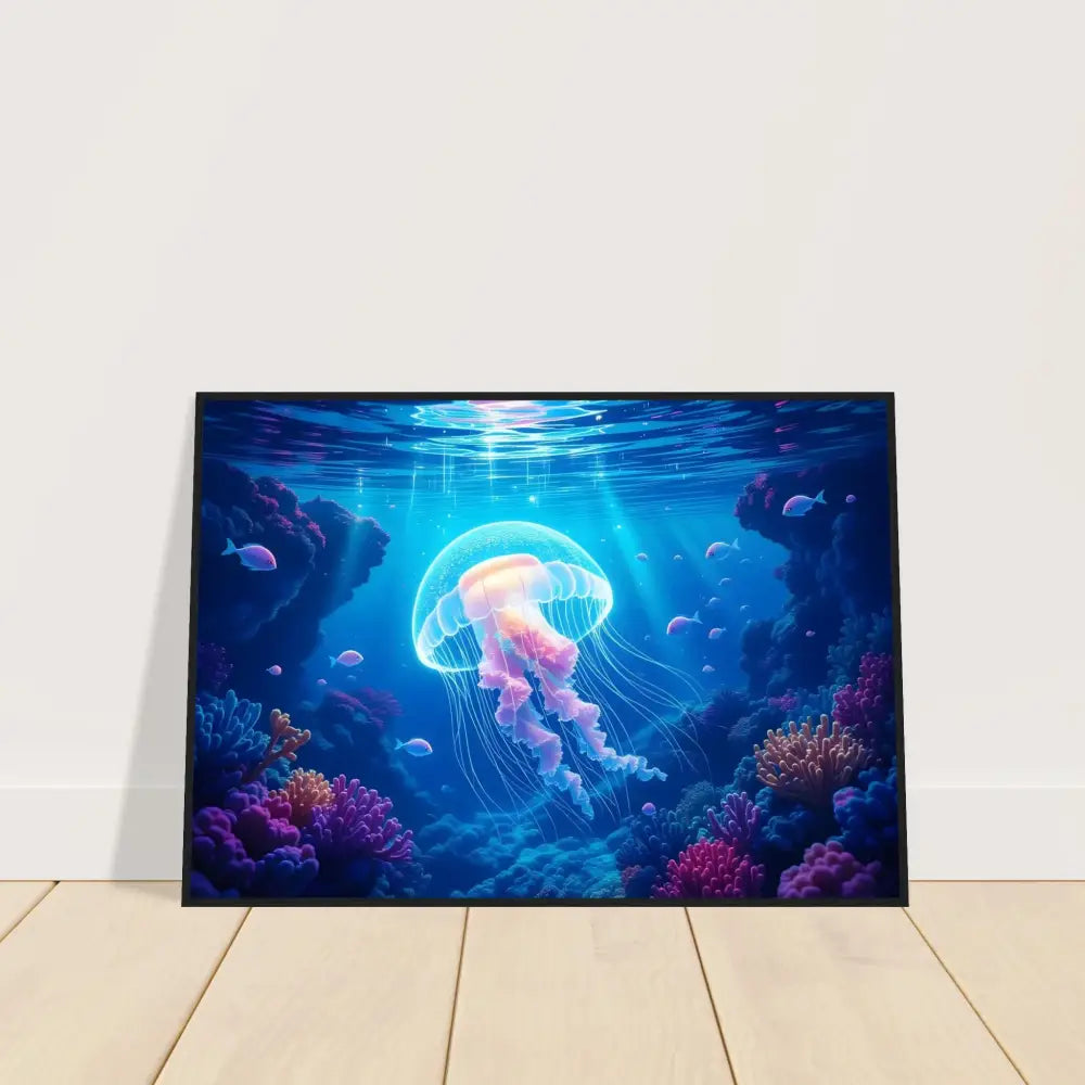 Framed jellyfish artwork on premium matte paper in wooden frame titled Glowing Wanderer Cosmic Drift