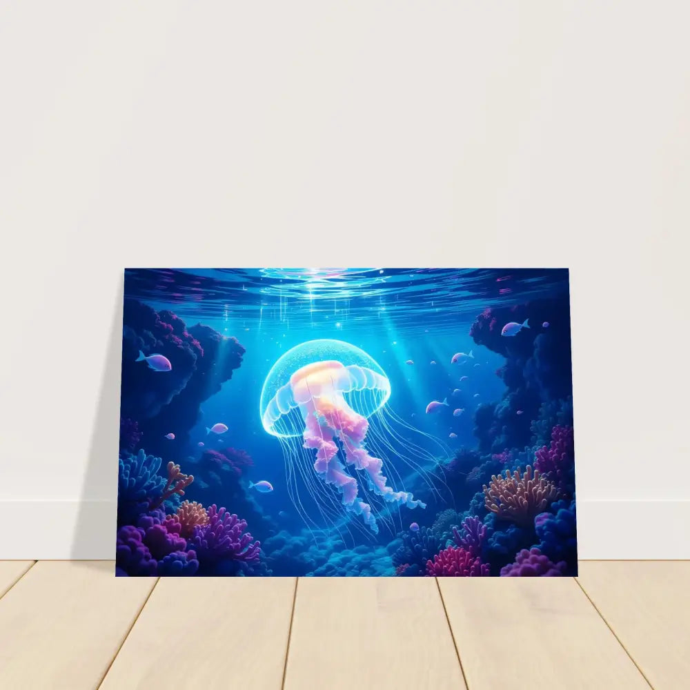 Jellyfish underwater art print framed on premium matte wooden poster titled Glowing Wanderer Cosmic Drift