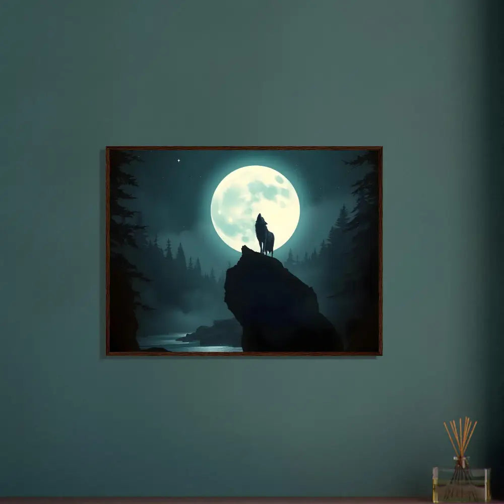 Framed wolf howling at moon artwork on premium matte paper wooden poster