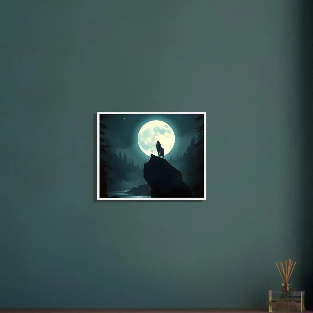 Framed wolf howling at moon artwork on premium matte paper wooden poster