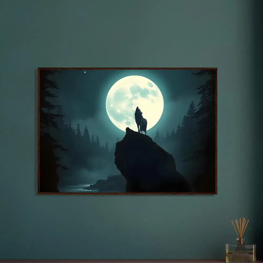 Framed wolf howling at moon artwork on Premium Matte Paper Wooden Framed Poster